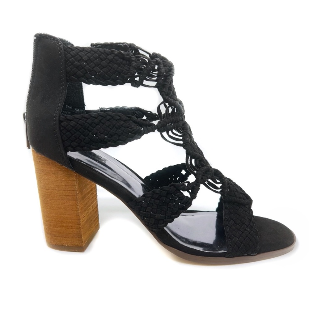 Carlos Santana Nadia Macrame Block Heel Sandals Black Size 9.5